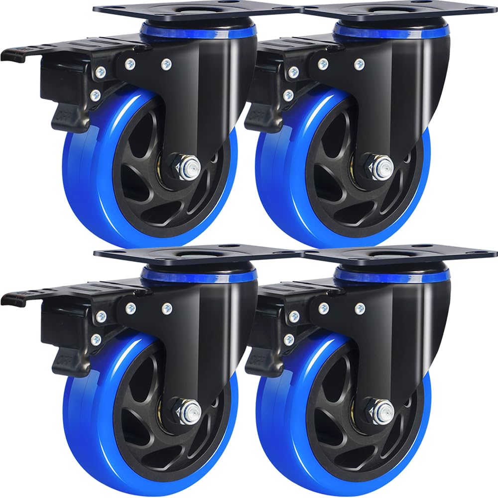 4 Inch Caster Wheels 2200lbs, Hands-Free A/B Brake Locking Casters, Heavy Duty Casters Set of 4, Silent Polyurethane Plate Castor Wheels for Cart,