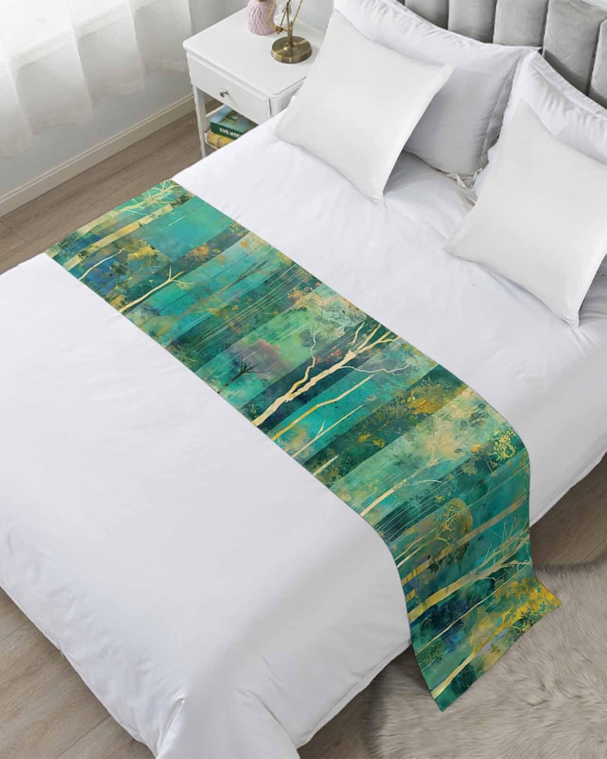 Yukro Abstract Bed Runner Scarf, Plant Trees Forest Green Oil Painting Full Bed Scarf Runner, No Fading Decorative Bedding Scarf for Bedroom Hotels Homes and Guestrooms