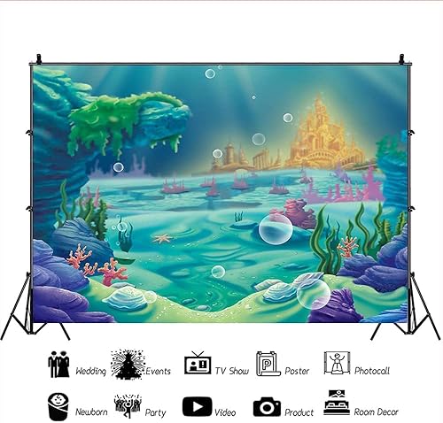 Miniatura 4 de Fondo de fotografía de castillo de sirena bajo el mar azul de dibujos animados para fiestas de bebé, telón de fondo para decoración de fiestas de