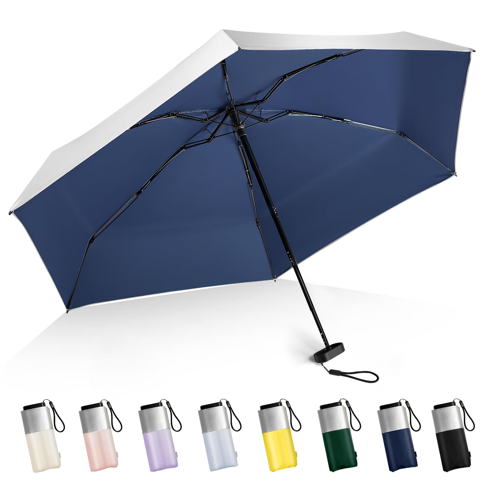 LEAGERA Mini piccolo ombrello da borsetta – UPF 50+ UV Blocker Ombrello di protezione solare, design per donne, blu scuro