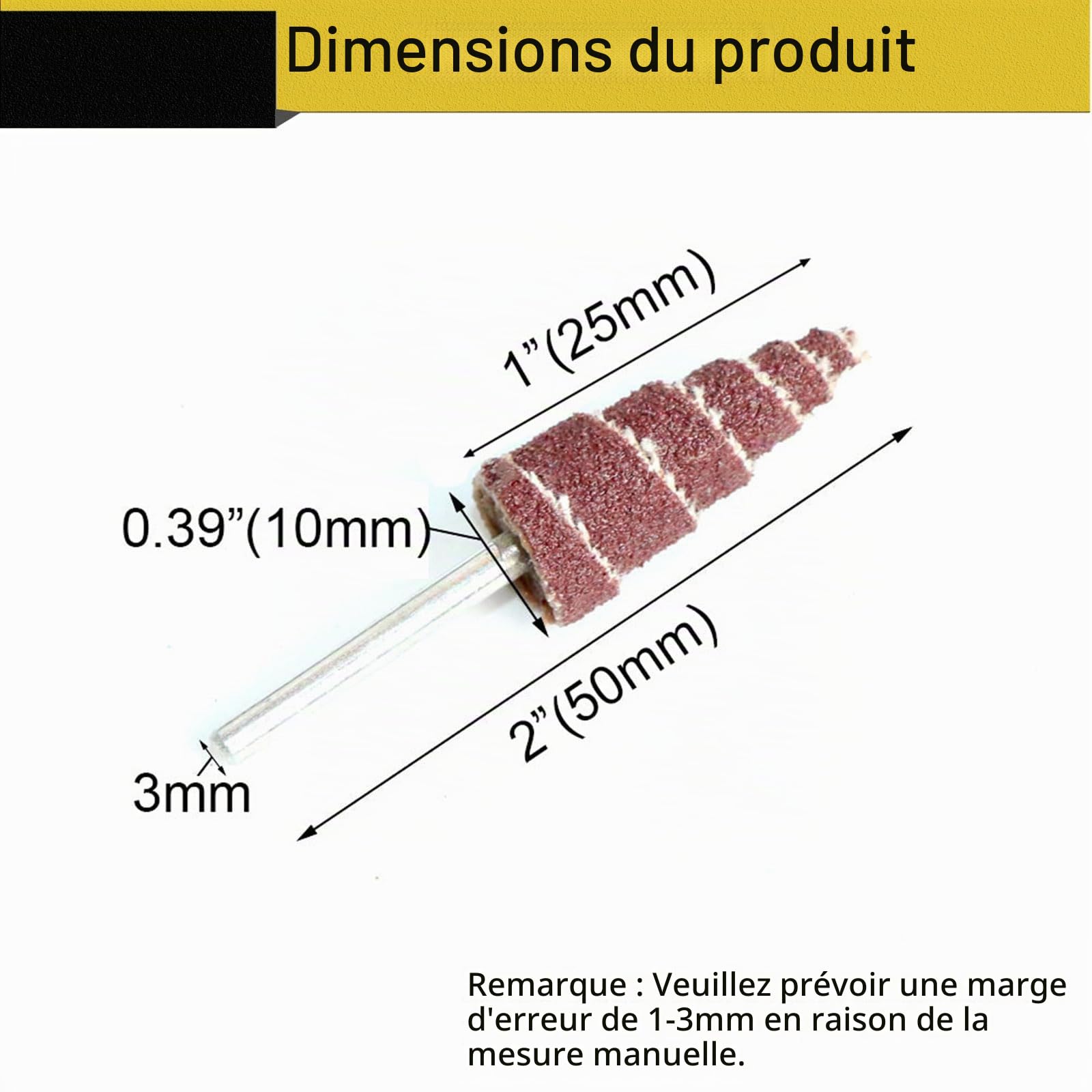 Lot de 45 disques abrasifs en forme de cône de 3 x 10 mm, tête de meulage de papier abrasif pour outil rotatif, tige de 3 mm, utilisée pour rainure, écart, polissage d'angle