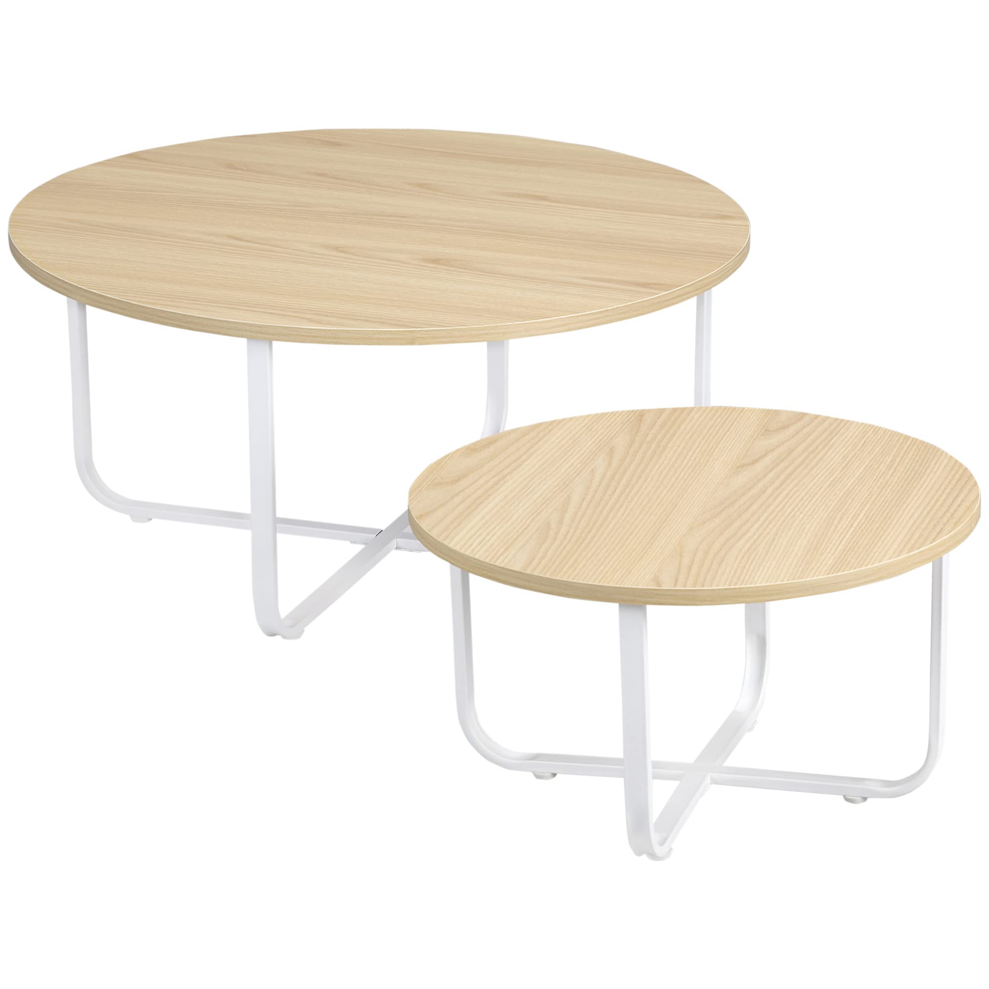 HOMCOM Juego de 2 Mesas de Centro Ø65x32 cm y Ø45x26 cm Natural y Blanco | Mesas de Salón Redondas, Encimera de Madera, Patas de Metal, para Domitorio