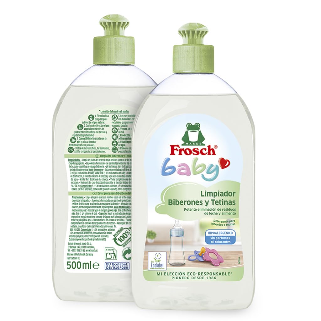 Frosch Baby - Detergente per biberon e tettarelle, rimuove residui di latte e cibo, prodotto ipoallergenico ed ecologico, confezione da 8 pezzi x 500 ml