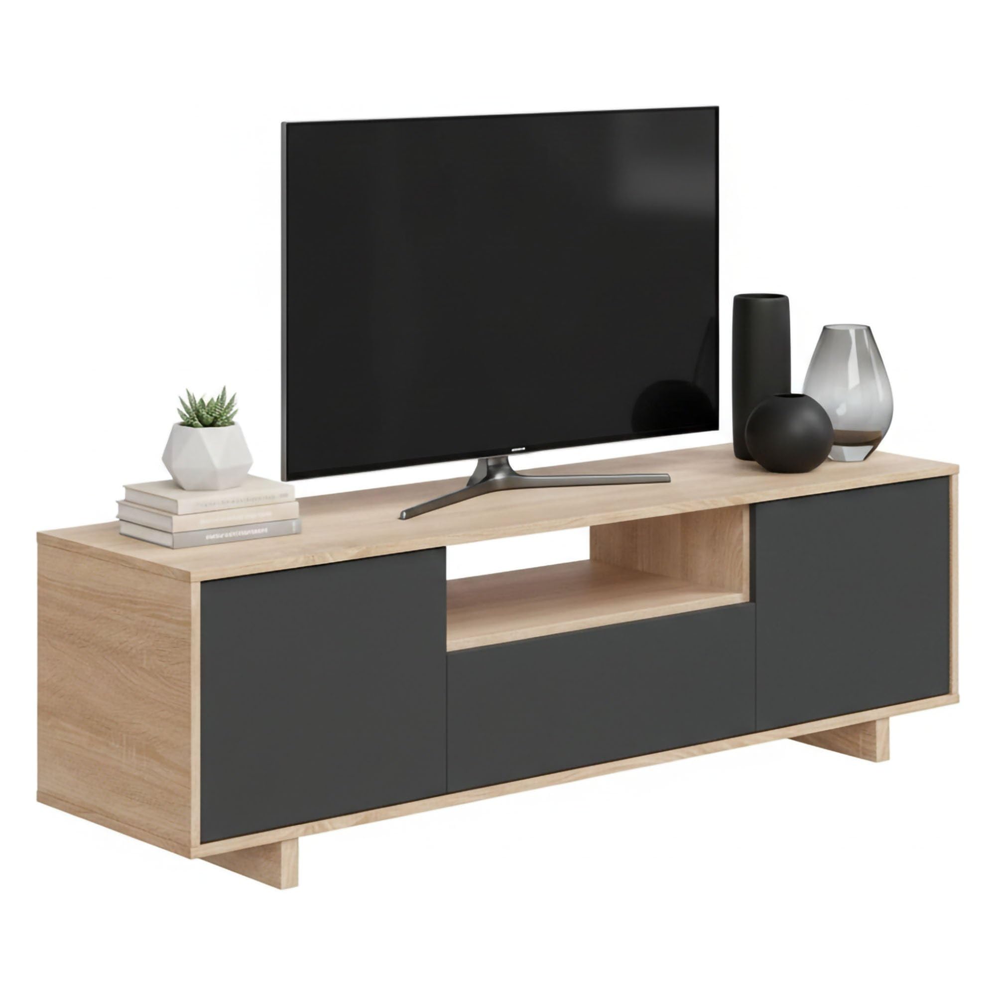 Dmora - Mobile porta TV Visalia, Credenza per televisione da soggiorno, Supporto TV a 3 ante, Credenza bassa, 150x41h46 cm, Rovere