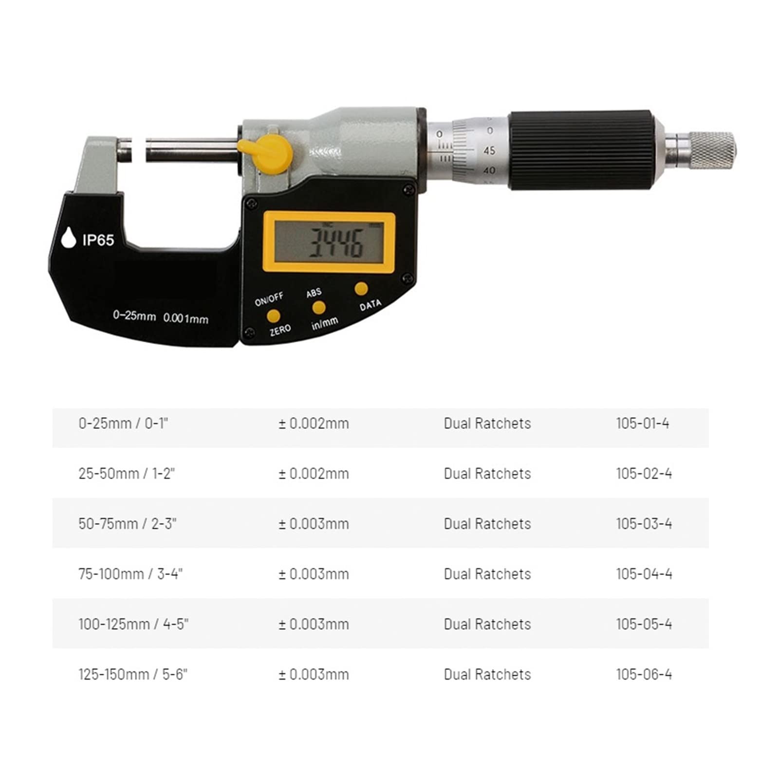Micromètre, IP65 Micromètres extérieurs numériques Mesurer la plage de 0 à 25 mm / 0-1inch Résolution,001 .00005 pouce 105-01-4(116 series,50-75mm)