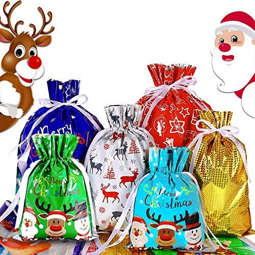 Christmas Gift Bags - 64Pcs Include 2 Sheet 46Pcs Christmas Window Clings & 18Pcs Christmas Drawstrings Bag , Perfect for Christmas Decorations