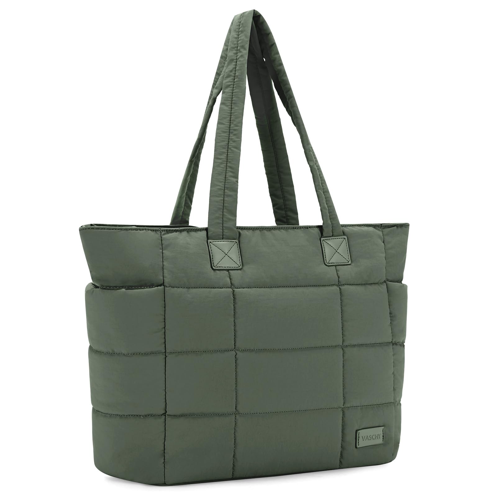 VASCHY Tote Bag for Women, Lightweight Quilted Puffer Work Tote Purse with Zipper for Nurse/Teacher/Travel/Gym Green