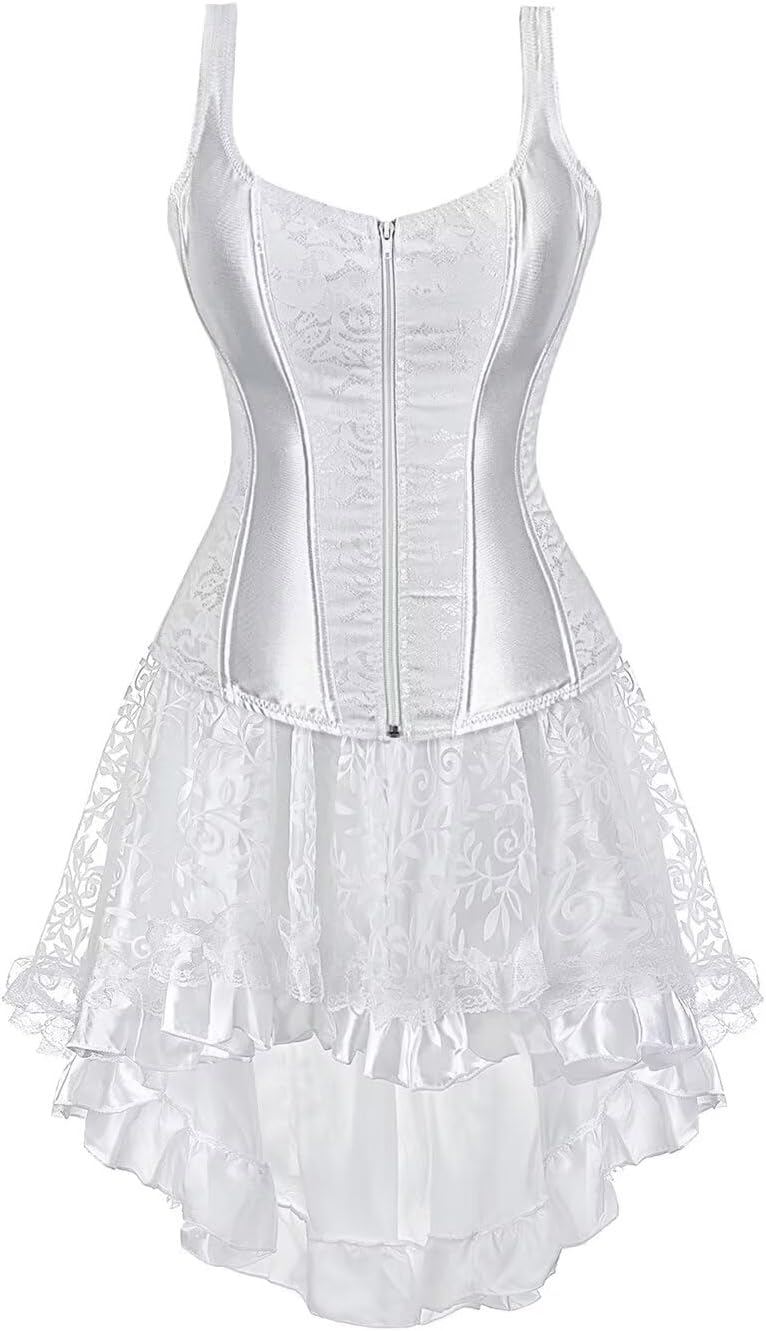 Jutrisujo Corset Strap Dress Top Skirt Set Plus Size Bustier Outfit Lingerie Lace up Gothic Women Bride Wedding White