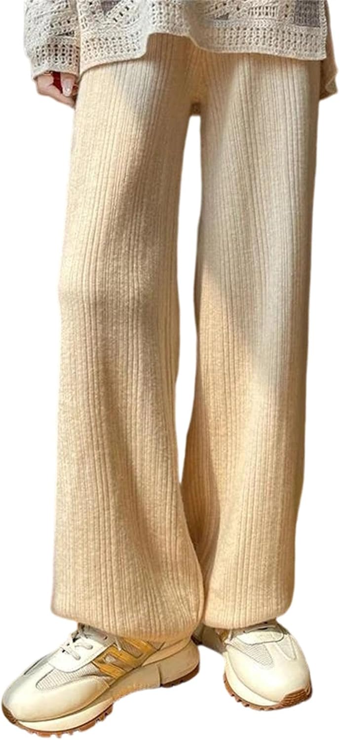Women's Knitted Wool Pants High Waist Wide Leg Elastic Waist Full Length Loose Fit Office Work Trousers Soft Warm Bottoms