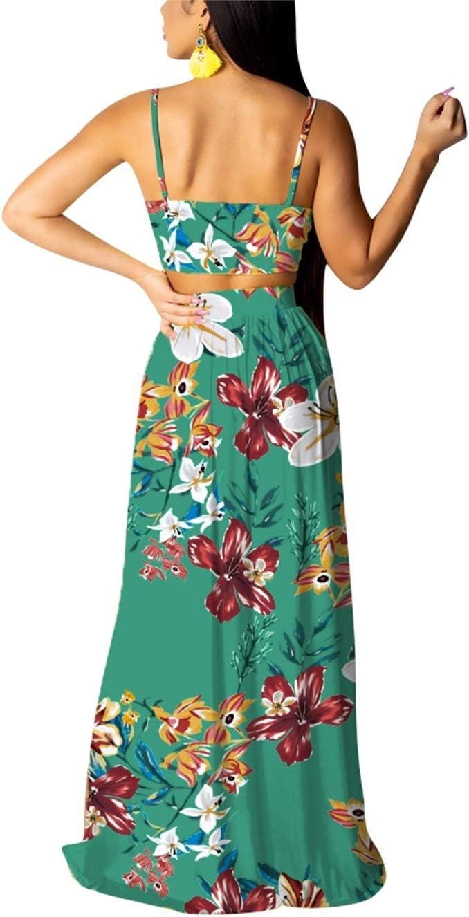EOSIEDUR Women's Chiffon Bohemian Floral Printed 2 Piece Sets Crop Cami Top & Split Beach Party Maxi Dress - Image 2