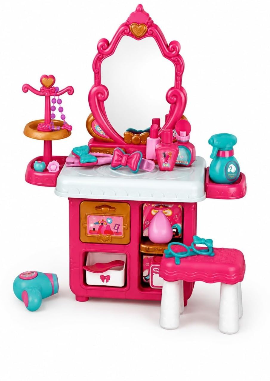 Pretend Play Makeup Vanity Table Toy Set for Girls with Mirror, Hair Dryer, Stool & Accessories | 38 Pcs Pink Beauty Play Set for Kids | Fun Dressing Table Toy for Creative Role Play-image-49