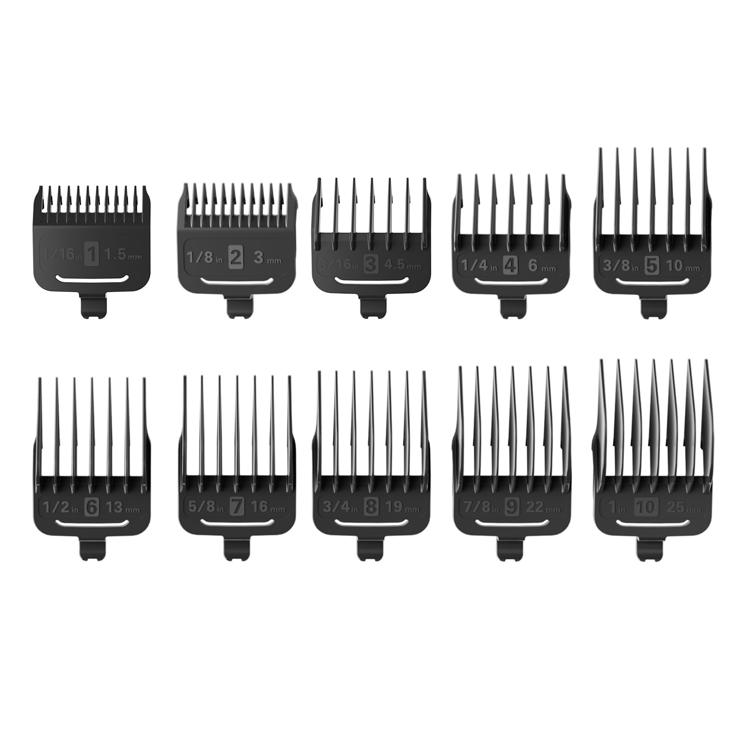 Oneisall 676 10Pcs Attachment Guide Comb Guards, Only Fits Dog Clippers-ASIN: B09QFRN3D5 (Model: RFC-676), 1.5mm/3/mm/4.5mm/6mm/10mm/13mm/16mm/19mm/22mm/25mm Cut Length, Black