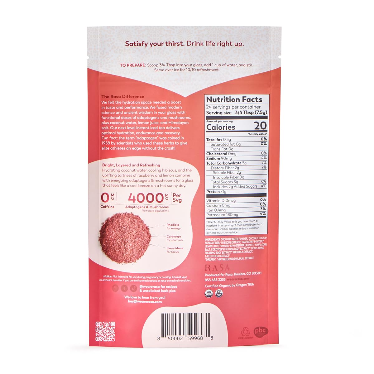 Rasa Raspberry Hibiscus Hydration | Organic Boosted Iced Tea with Adaptogens and Mushrooms | Gluten-Free, Premium Electrolyte Powder Drink Mix, Refreshing Hydration (6 oz / 24 Servings)