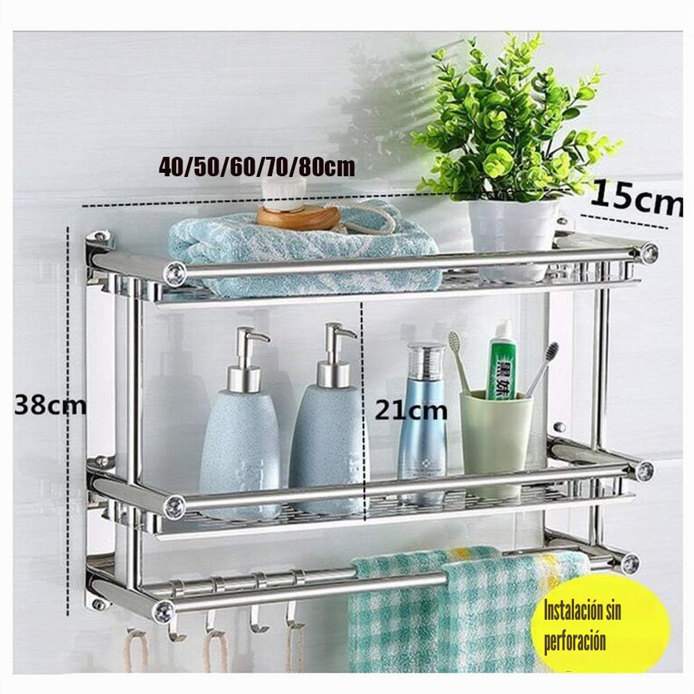 Estanterías para Baño Acero Inoxidable Pared Montado, Estanteria Ducha Estantes Baño con Toallero con Ganchos Pared Estante para Baño para Cocina,Silver-50cm