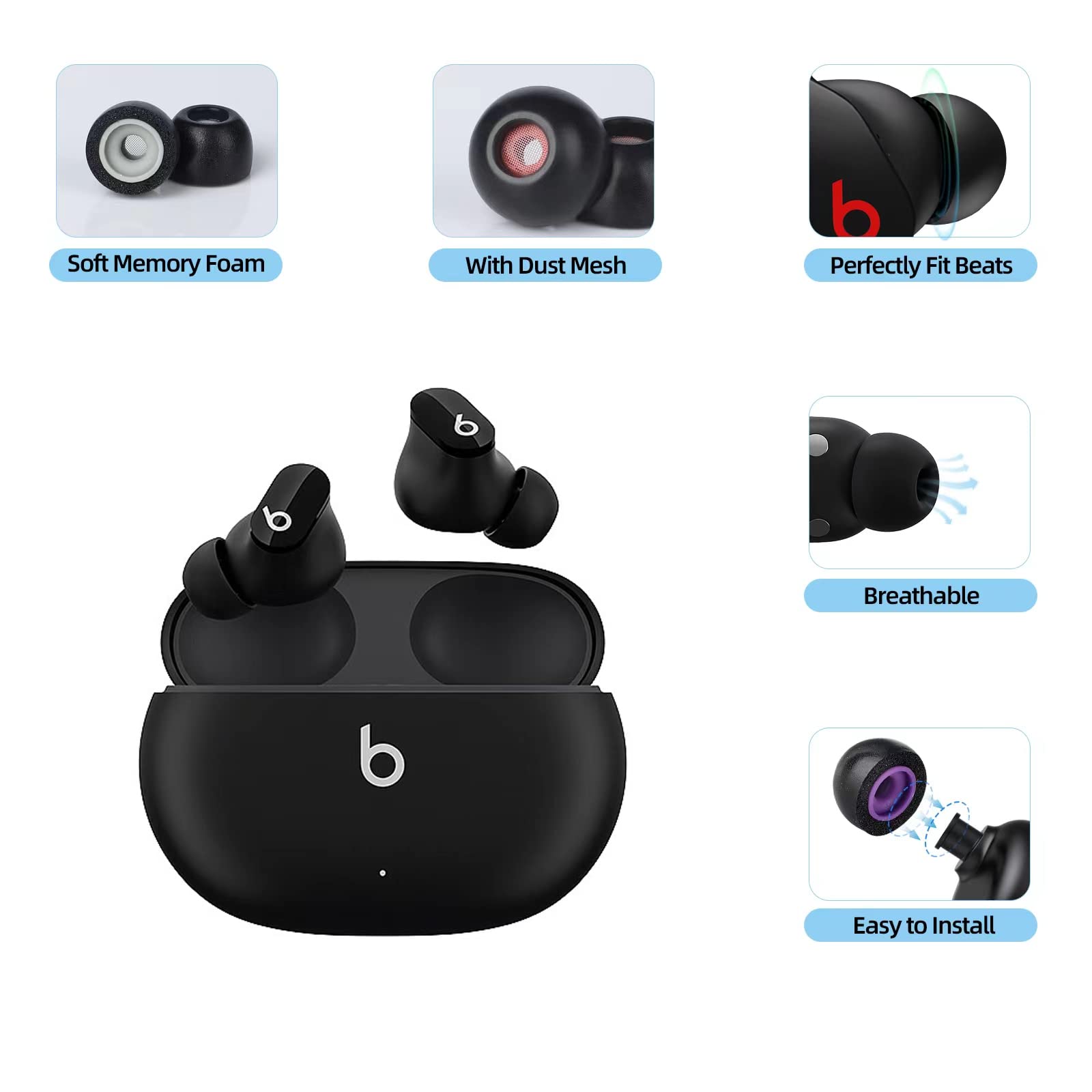 Almohadillas de Espuma viscoelástica para Beats Studio Buds Plus/Studio Buds/Powerbeats Pro/Fit Pro, Antideslizantes, 3 Pares (S/M/L) con Malla Antipolvo y Caja de Almacenamiento