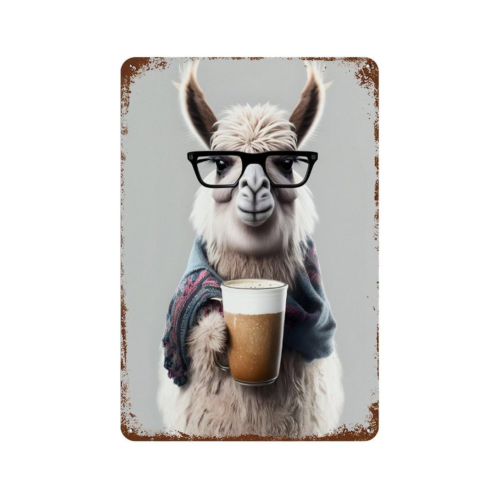 Rust Effect Cute Llama And Expresso Rustic Tin Plaque 11.8"x7.9", Shabby Chic Decor for Basement, Hobby Room And Garage Decor