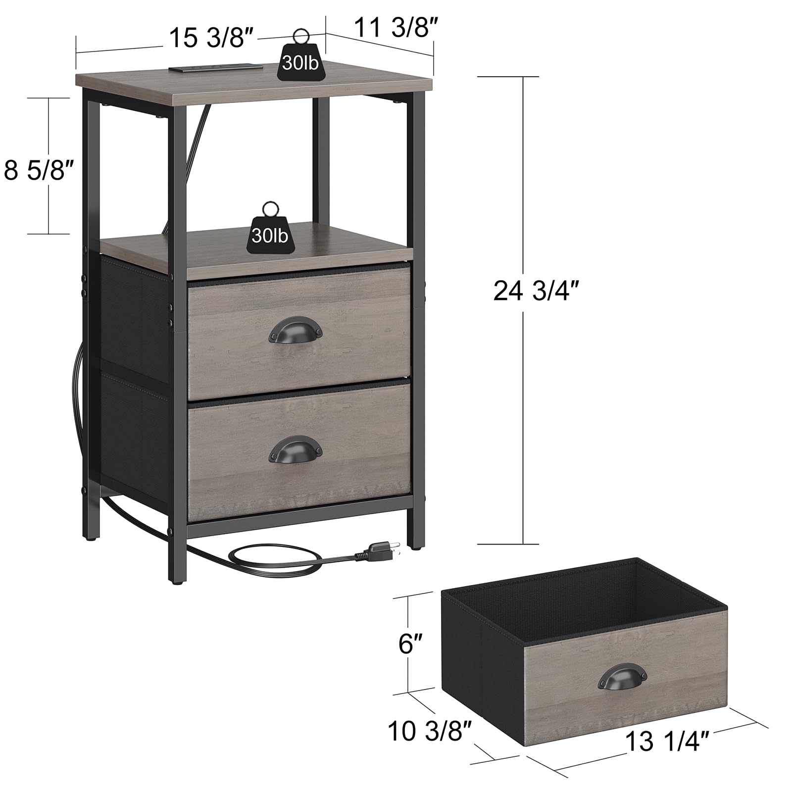 Mesita de noche con estación de carga, mesita de noche LED con 2 cajones de tela, mesa auxiliar gris con cajones, mesa auxiliar de almacenamiento de 2 niveles con cajones para dormitorio, gris 3