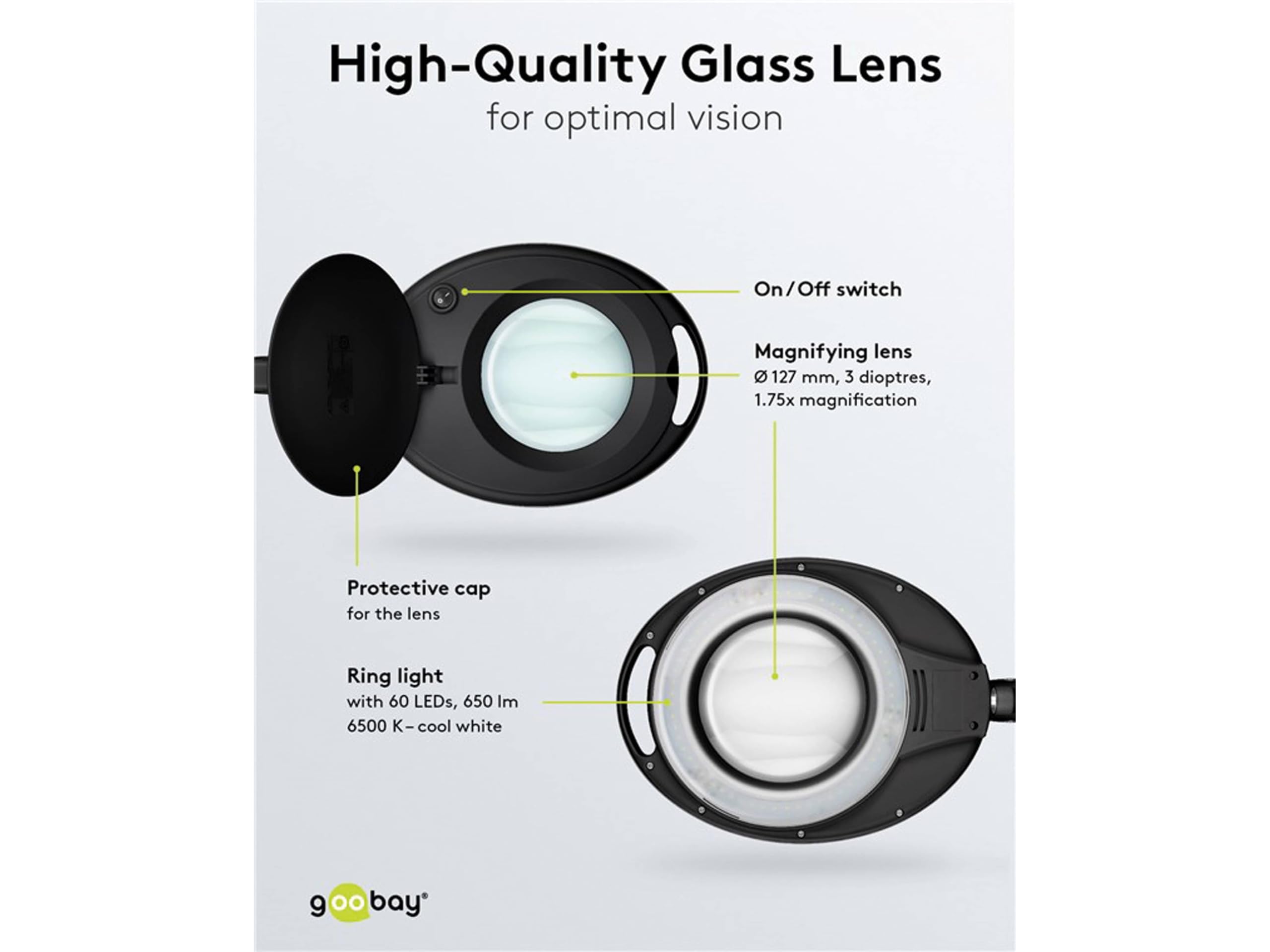 goobay 64989 Lámpara aumento LED 8W 650lm/ pinza/lente cristal 127mm 1,75 aumentos/lupa trabajo cosmética, soldadura, manualidades, leer/brazo doble articulación/lámpara sobremesa