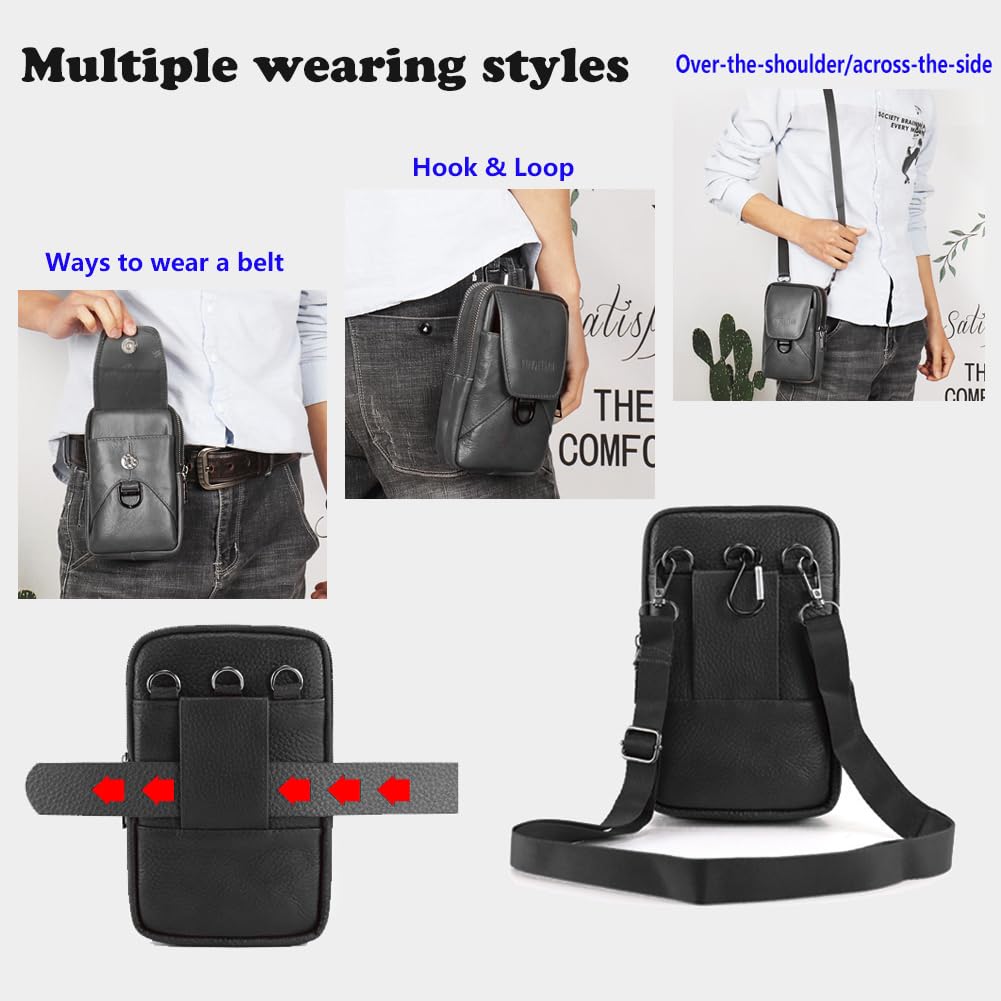 Sacoche Bandoulière Ceinture Homme en Cuir pour Téléphone - Mini Sac Bag Portable pour Voyage à Pochettes Petit Pochette Banane en Téléphone Poche Holster Molle Portefeuille Ét