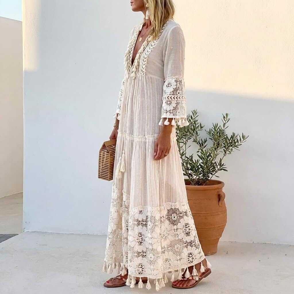 Robe Maxi Bohème à Fleurs et Dentelle Femme, Robe d'Été Col V Manches 3/4 Robe Plage Swing avec Franges et Détails de Crochet