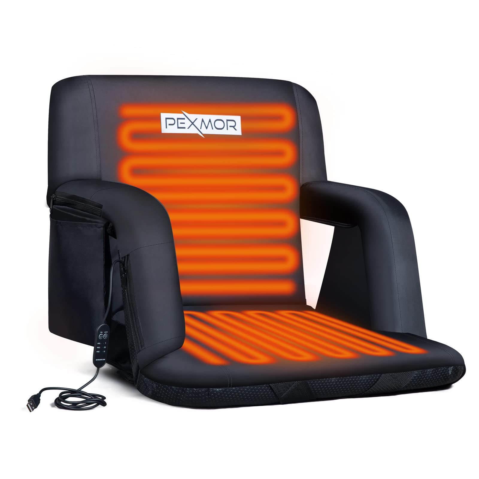 PEXMOR 21''/25'' Heated Stadium Seat for Bleachers with Back Support & Carrying Bag, 3 Level Heating Back & Bottom, 5 Reclining Chair w/Armrest Pocket for Outdoor Indoor, USB Battery Excluded