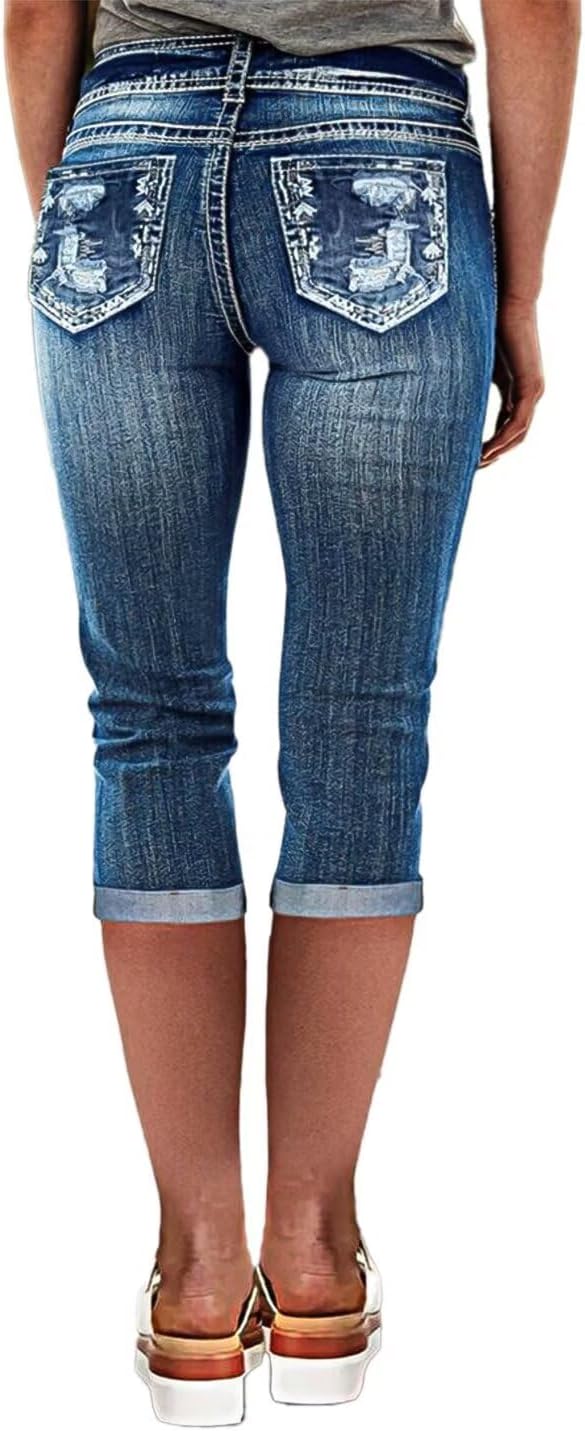 Flamingals Women's Capri Jeans Mid Waisted Stretchy Wash Skinny Leg Embroidered Ripped Denim Pants
