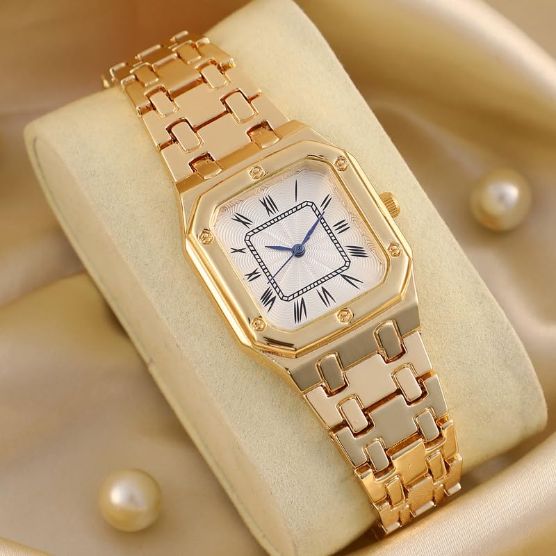 Image of Haute Sauce Women's The Torque Roman Square Watch | California Gold Stainless Steel Strap | Ivory White Dial | One-Size | Foldover Closure | Quartz | Analogue | Wrist Belt Watch for Female and Girls