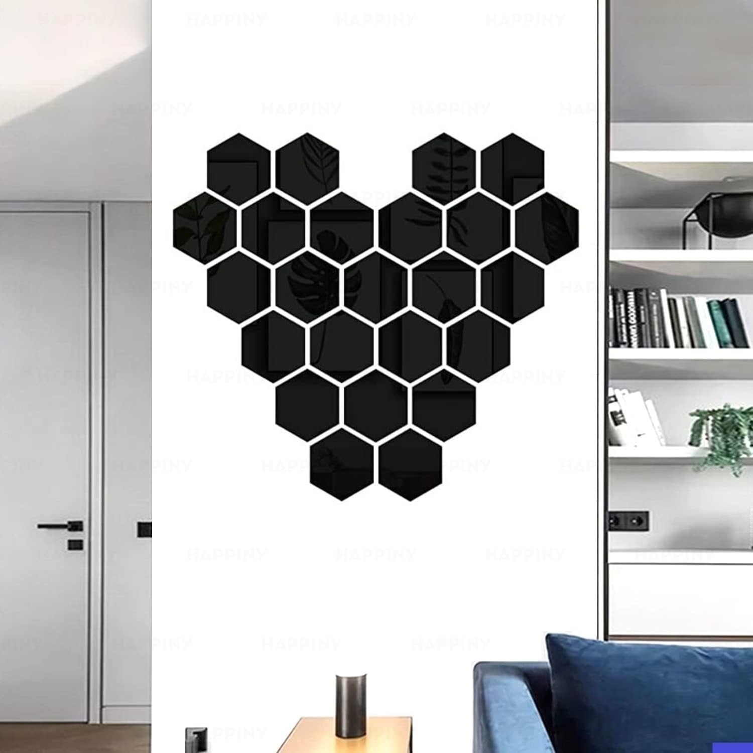 HAPPINY Acrylic Mirror Wall Stickers 24 Hexagon (10.5 cm x 12.1 cm) (Black)