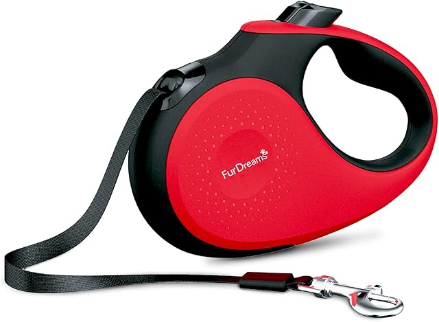 FurDreams Retractable Dog Lead Heavy-Duty Extendable (5 Metre) Leash | Anti-Slip Handle with Lock Control | Strong Tangle-Free Nylon Tape & Collar Hook | Perfect for Puppy Training (Red, Medium)