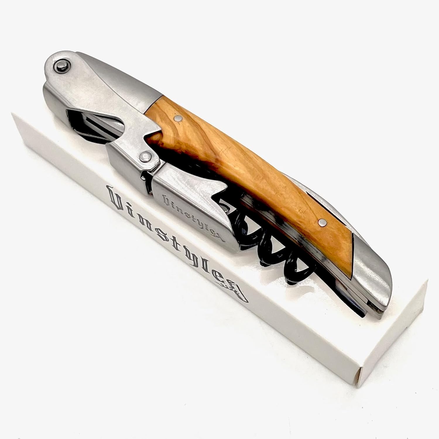 Olive Wood Wine Opener With Two Step Cork Pull Lever, Five Spiral Teflon Coated Worm and Serrated Knife, Beautiful Wood Grain and Quality Construction. The Superior Waiter's Corkscrew.