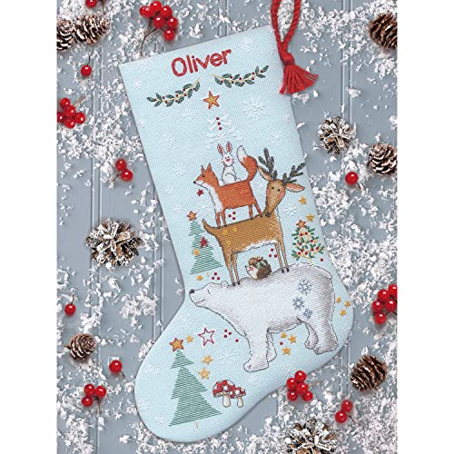 Image of Dimensions 70-09601 Woodland Stack Counted Cross Stitch Christmas Stocking Kit, 16 inch Long, 14 Count Light Blue Aida, 6pcs