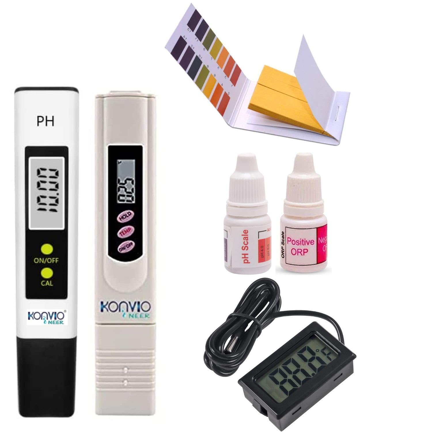 Konvio NEER Digital LCD TDS Meter, Digital pH Meter, pH Strips, pH & ORP Drop Tests and Wired Mini LCD Digital Temperature Sensor - Complete Water Test Solution for the