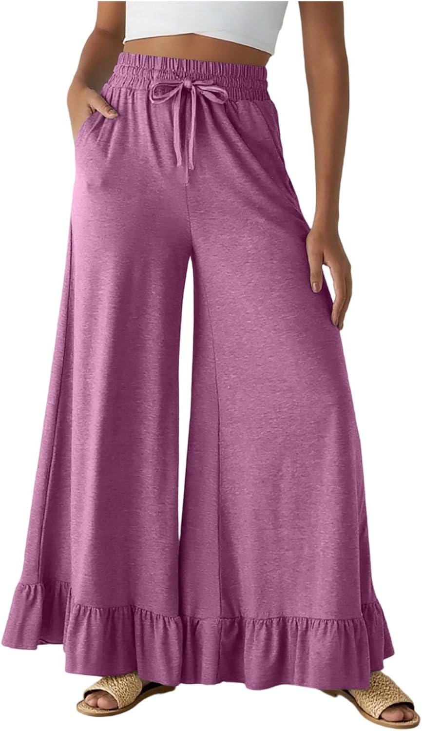 Womens Wide Leg Pants Drawstring Elastic High Waisted Ruffle Hem Palazzo Pant with Pockets Casual Baggy Solid Slack