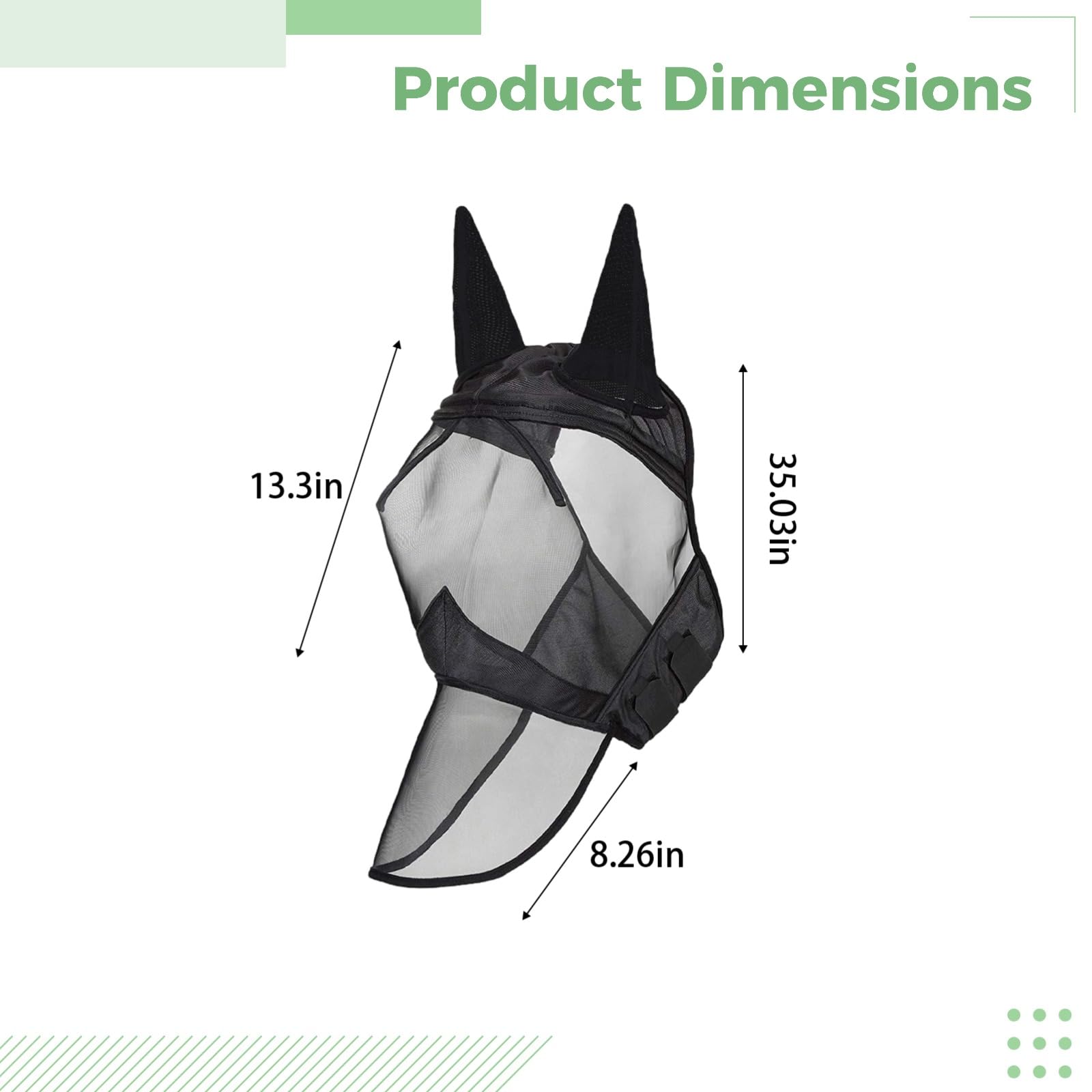 Máscara antimoscas para caballos con protección nasal extendida, malla suave con doble costura, protección completa para la cabeza y la cara contra las moscas y el sol, poliéster transpirable, cierre
