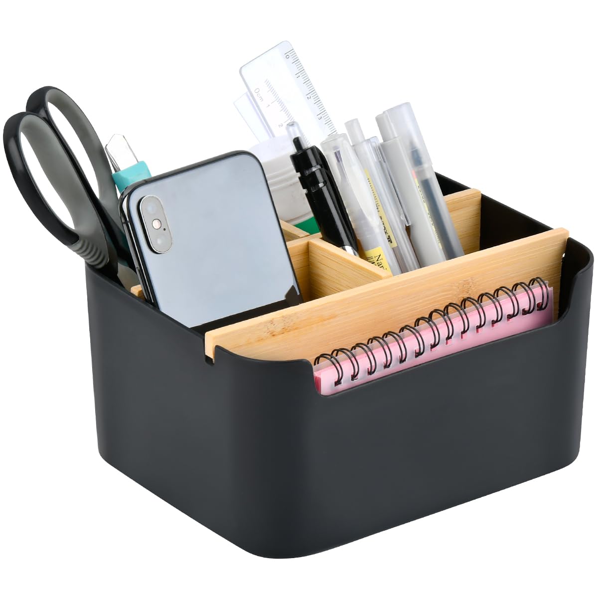 OctBird Organizador Escritorio de Madera, Organizador Escritorio de 5 Compartimentos, Organizador Escritorio Negro, Caja de Almacenamiento de Madera para Oficina Hogar Colegio