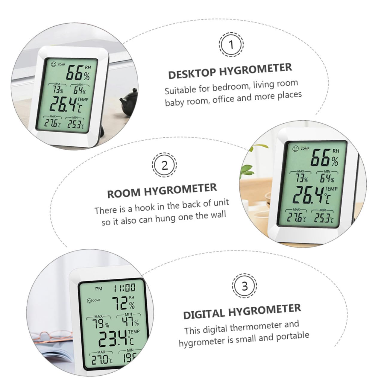Hemobllo 1pezzi Rilevatore Temperatura e Umidità Digitale Igrometro Elettronico Portatile Supporto e Gancio per Camera da Letto Soggiorno Ufficio e Altri Ambienti senza Batteria