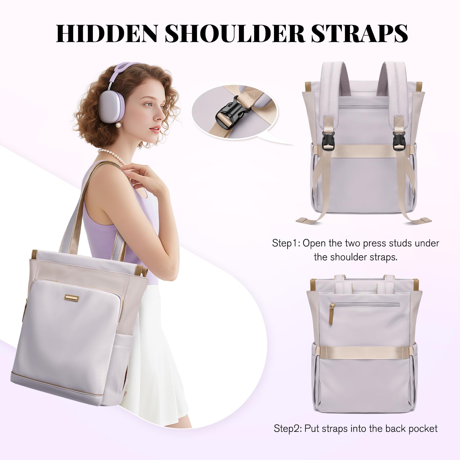 GOLF SUPAGS Mochila Convertible para Portátil de Mujer Bolsa de Viaje Informal para Portátil de Trabajo Universidad Ocio Viaje(Taro Morado & Blanco)
