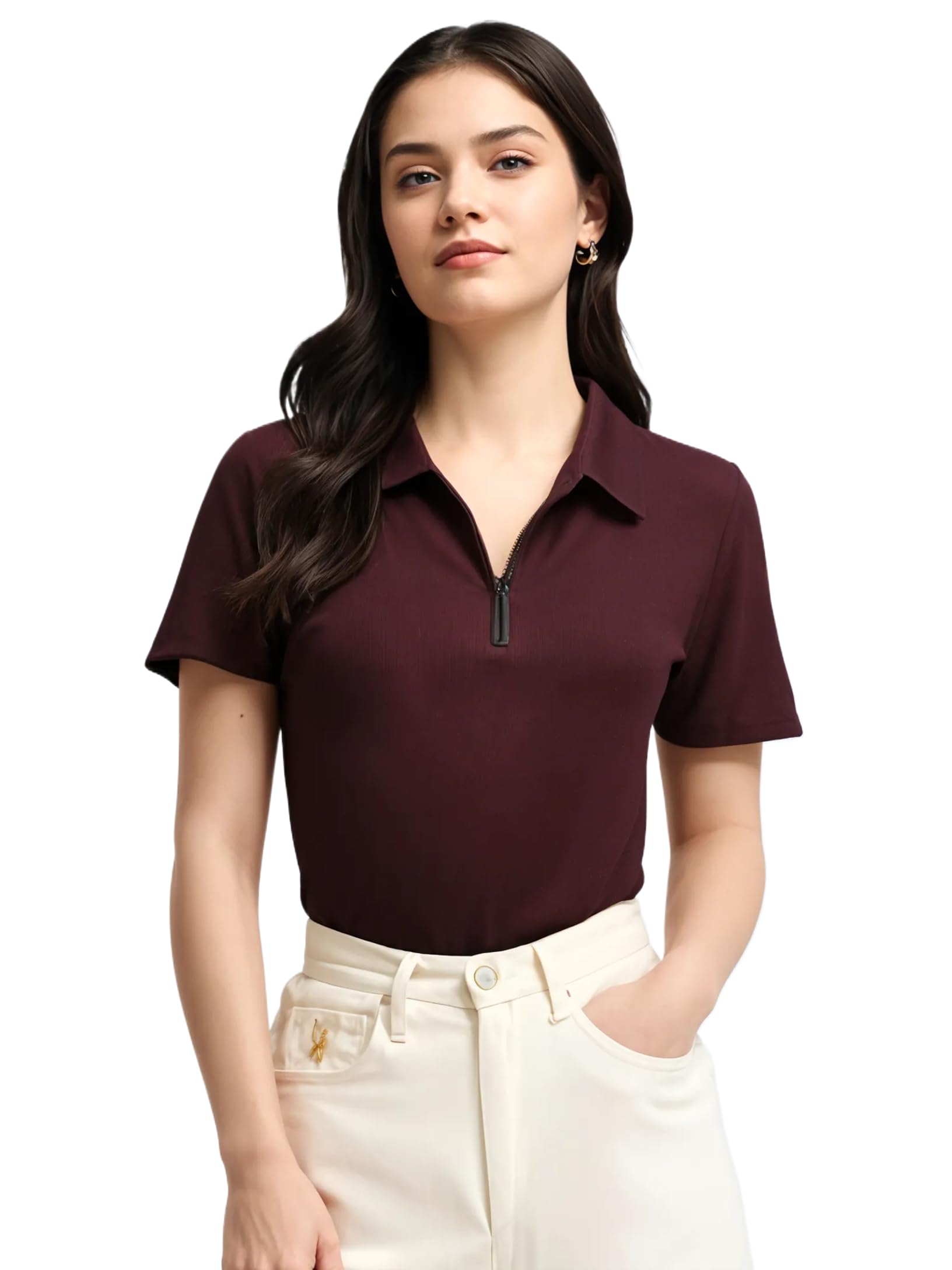 Ribbed |Regular Fit | Half Sleeves 100% Cotton Polo Neck Self Design with Zip T-Shirt for Women-M919