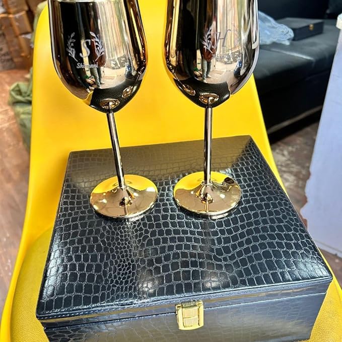 abrazo Customised Stainless Steel Wine Glasses 350 ml Set of 2, Unbreakable Wine Glass Goblets, Gift for Men and Women, Party Glasses - 350 ml (Gold) customised Gifting 3