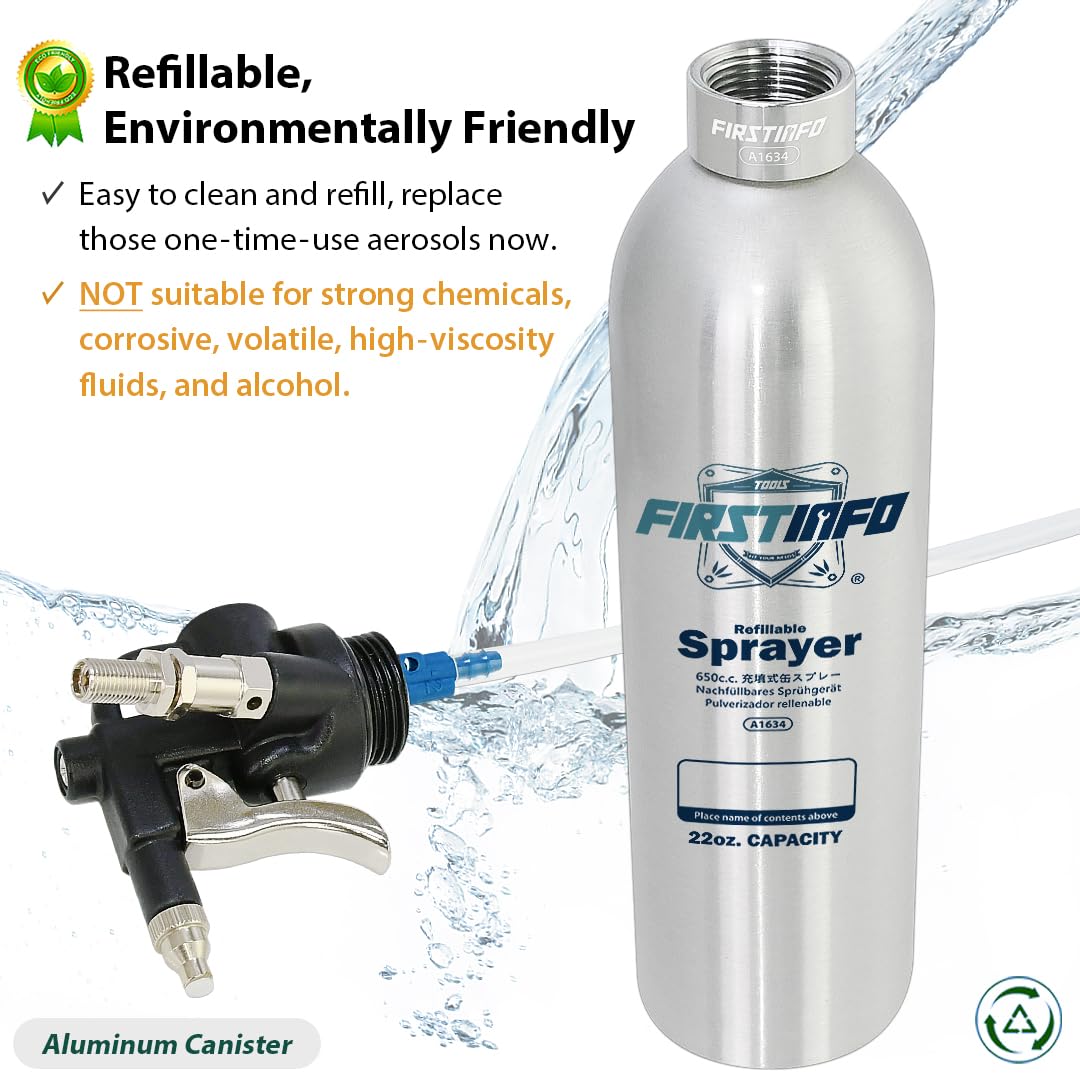 FIRSTINFO A1634 | Bottiglia spray ricaricabile per pulitore freni 650 ml | Alluminio | Spruzzatore a pressione max 110 psi | Bomboletta aerosol riutilizzabile | Ugello nebulizzazione