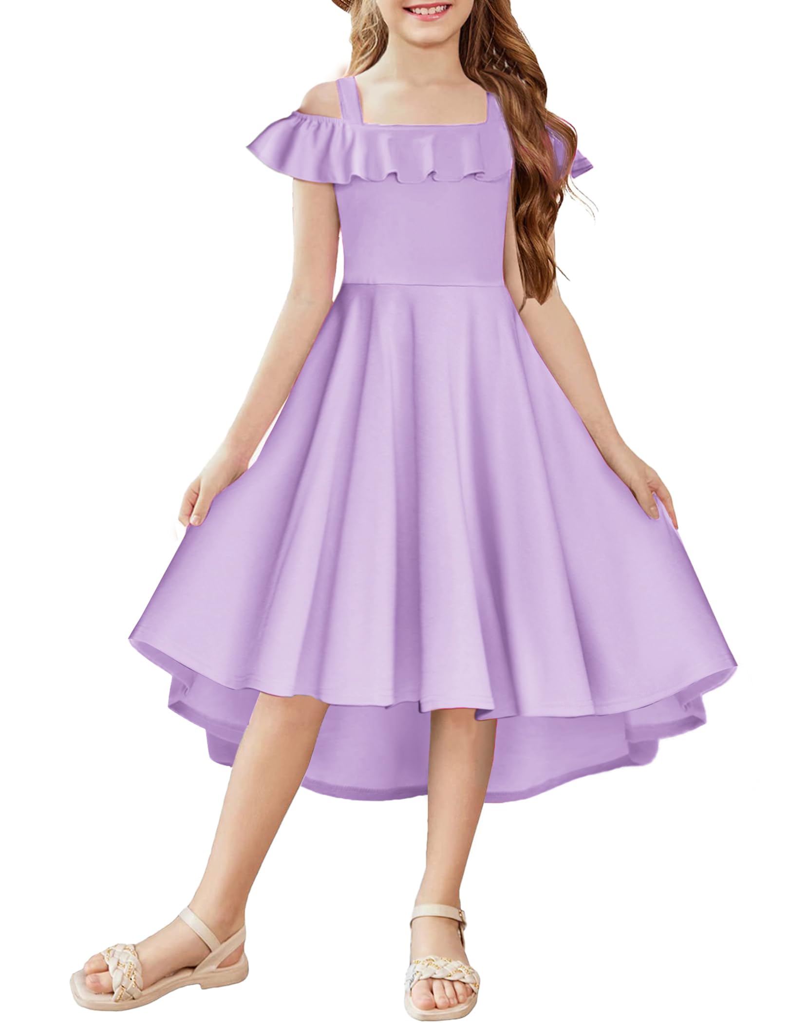 Arshiner Girls Summer Dress Off Shoulder Flutter Sleeve Midi Swing Cassual Formal Dresses with Pocket