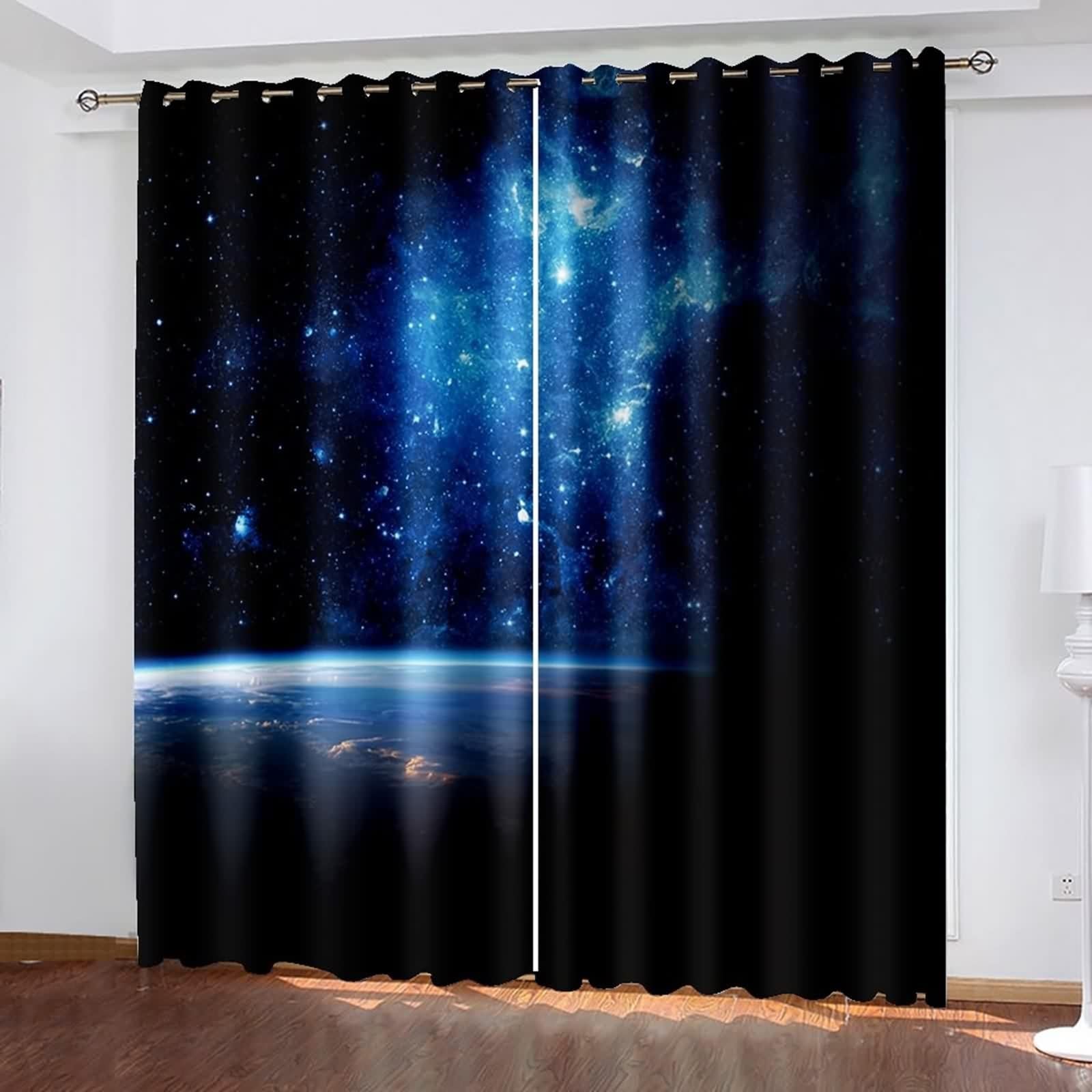 Rideau Cuisine Long, Rideau Anniversaire Noir Bleu Polyester Galaxie Décoration pour Fenêtre 96L x 183H CM Lot de 2