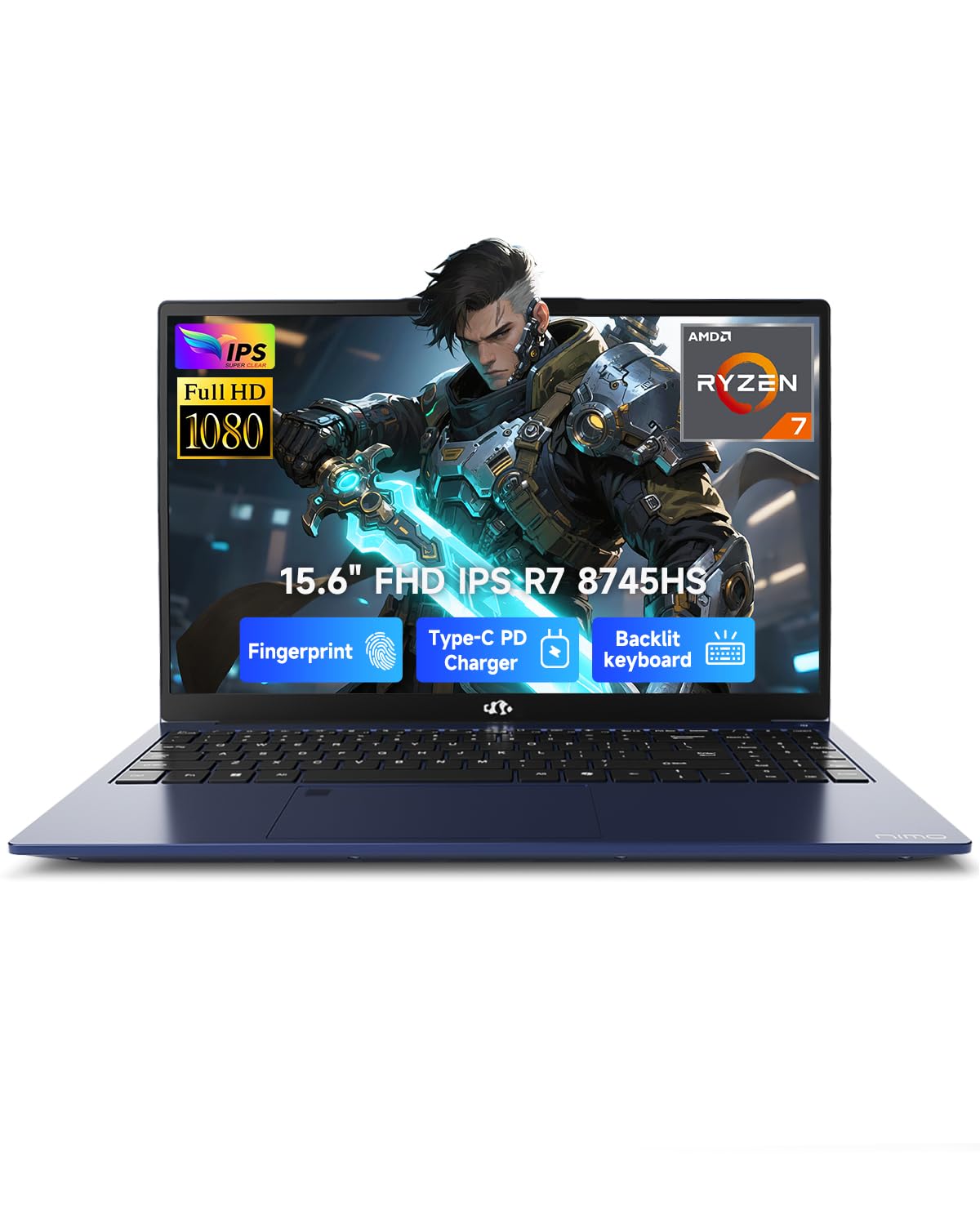 NIMO 15.6" IPS FHD-Gaming-Laptop, AMD Ryzen 7 8745HS 8GB DDR5 RAM 256B SSD (Beat R9 6900HX, up to 4.9GHz) Radeon 780M GPU Business Computer with 100W Type-C Backlit Keyboard, Fingerprint USB-C 4.0