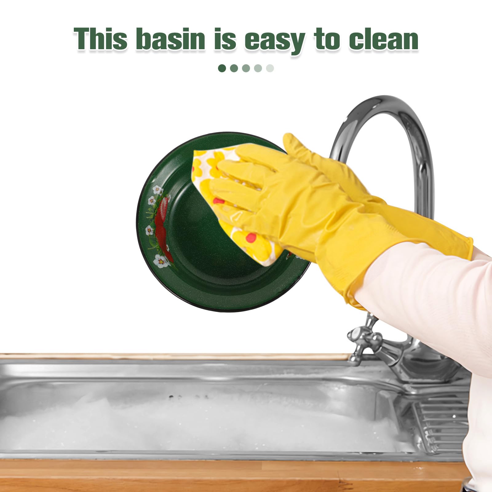 Cuenco Esmaltado de 22 Cm, Lavabo Multiusos para Lavar y Mezclar, Cuenco de Esmalte Verde con Motivos Punteados para Sopa, Fruta y Masa, Vajilla Rústica Adecuada para Cocina