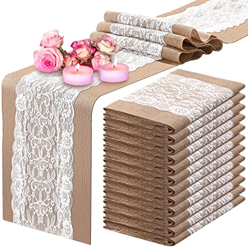 Chumia 12 Pack Burlap Table Runners with Lace 12 x 72 Inch Long Rustic Jute Natural Hessian Burlap Table Runner for Farmhouse Style Country Vintage Wedding Party Dinner Decoration(Classic Style) by Chumia - Used condition - US$40.10