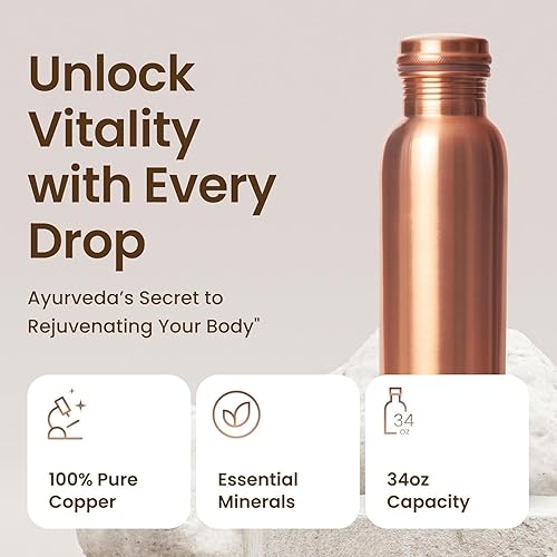Miniatura 5 de Botella de agua de cobre puro natural de 34 onzas (1 litro)  Diseño liso, a prueba de fugas, resistente y ecológica para gimnasio, yoga, oficina
