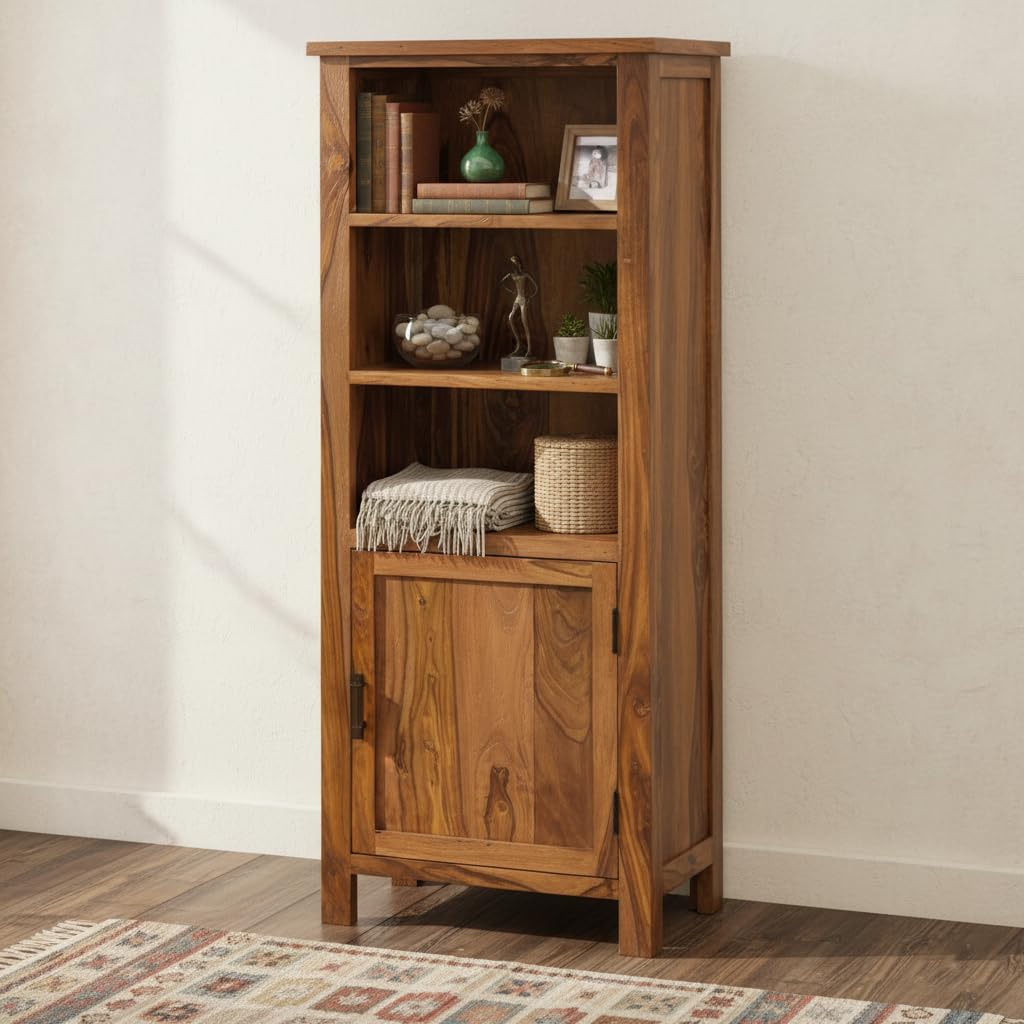 ANGEL FURNITURE Tallboy Solid Sheesham Wood Bookshelf with Cupboard Storage in Honey Finish-image-48