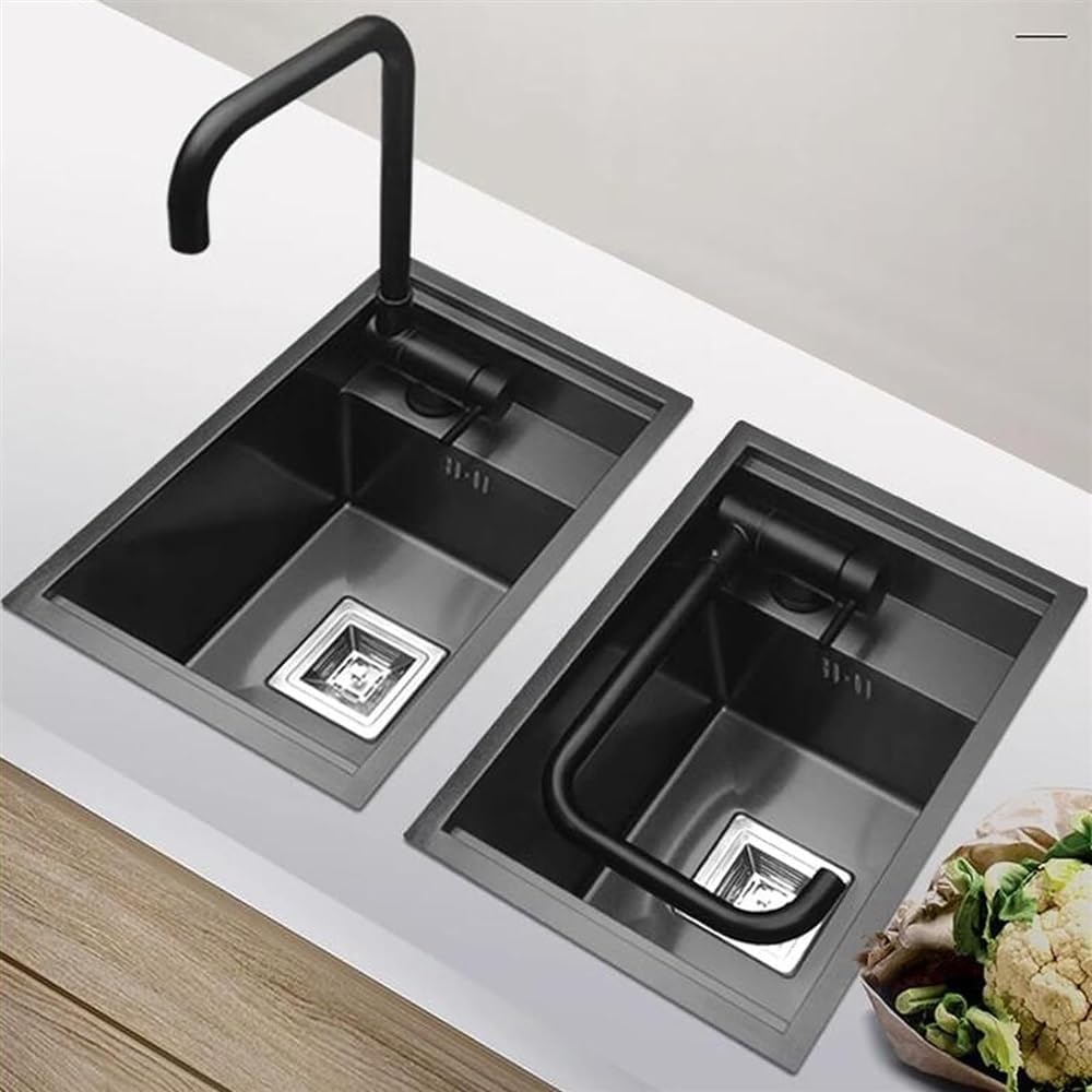 Hidden Stainless Steel Sink, Kitchen Sink Single Bowl, Small Size Bar Sink Workstation, with Folding Tap and Drain Kit, Topmount/Undermount Moun, 45 * 30cm (Color : Black)