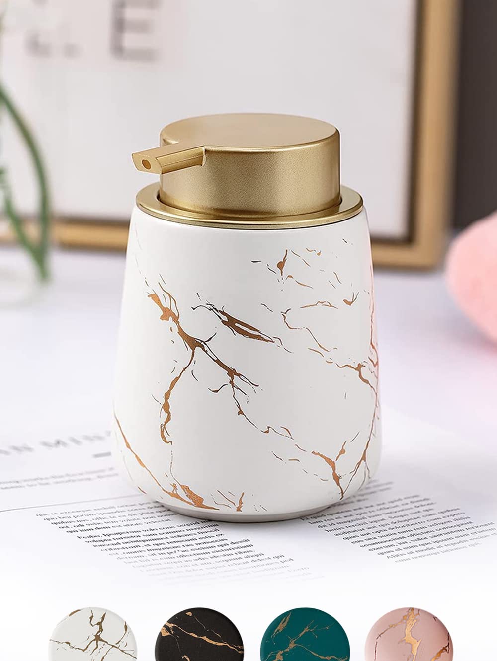 Luxury Ceramic Soap Dispenser (Luxe White) - 400ml Wide Modern Refillable Lotion Shampoo Handwash Bottle Matte White with Gold Marbling Premium Countertop Accessory for Bathroom, Kitchen & Wash Basin-image-47