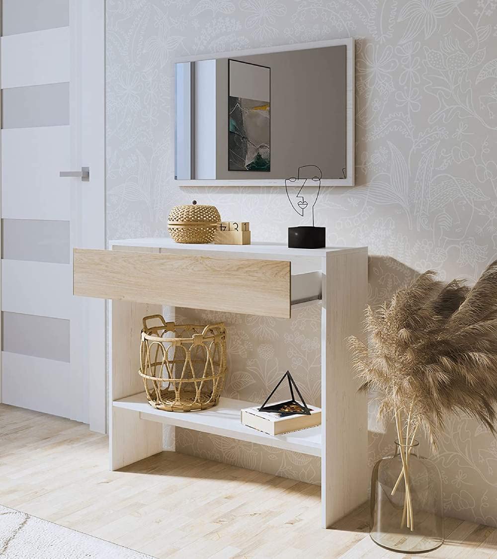 Home Heavenly® - Recibidor con Espejo Darcy, Mueble de Entrada con cajón y Estante. 91,5x85x37,9 cm. (Andersen - Puccini)